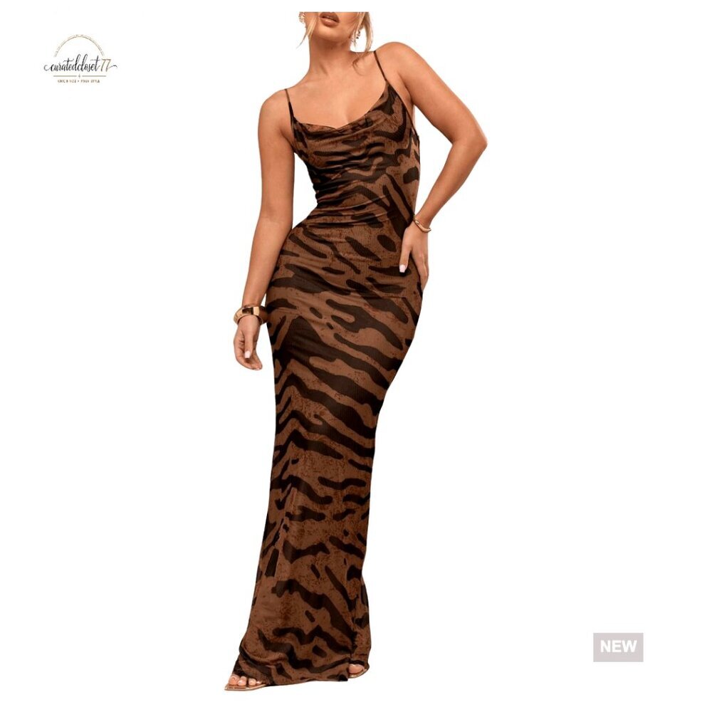 Maxi Dress with Cowl Neck, Animal Print, Bodycon Fit, Polyester Blend